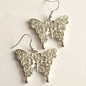 Butterfly earrings silver tone dangly bug moth insect figural clear rhinestones